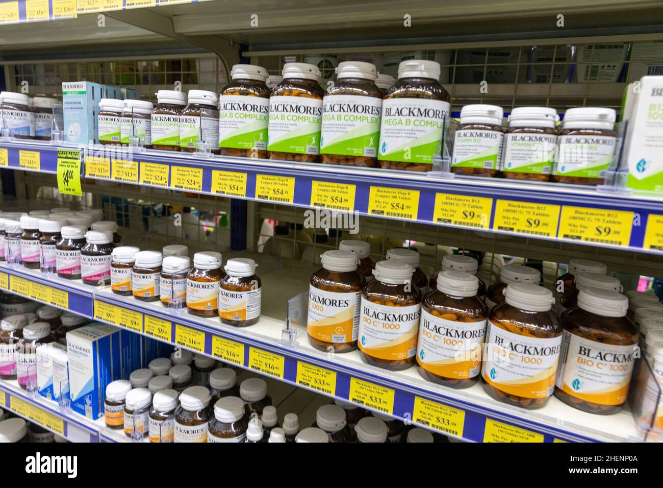 Blackmores vitamins and health supplements for sale in an Australian pharmacy chemist store in Sydney Stock Photo