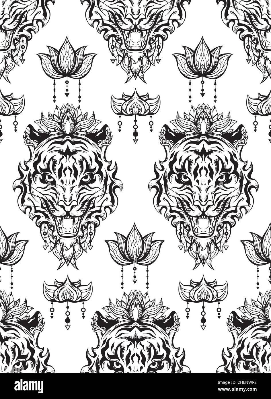 Vector seamless pattern with silhouette of a tiger head with a floral ...