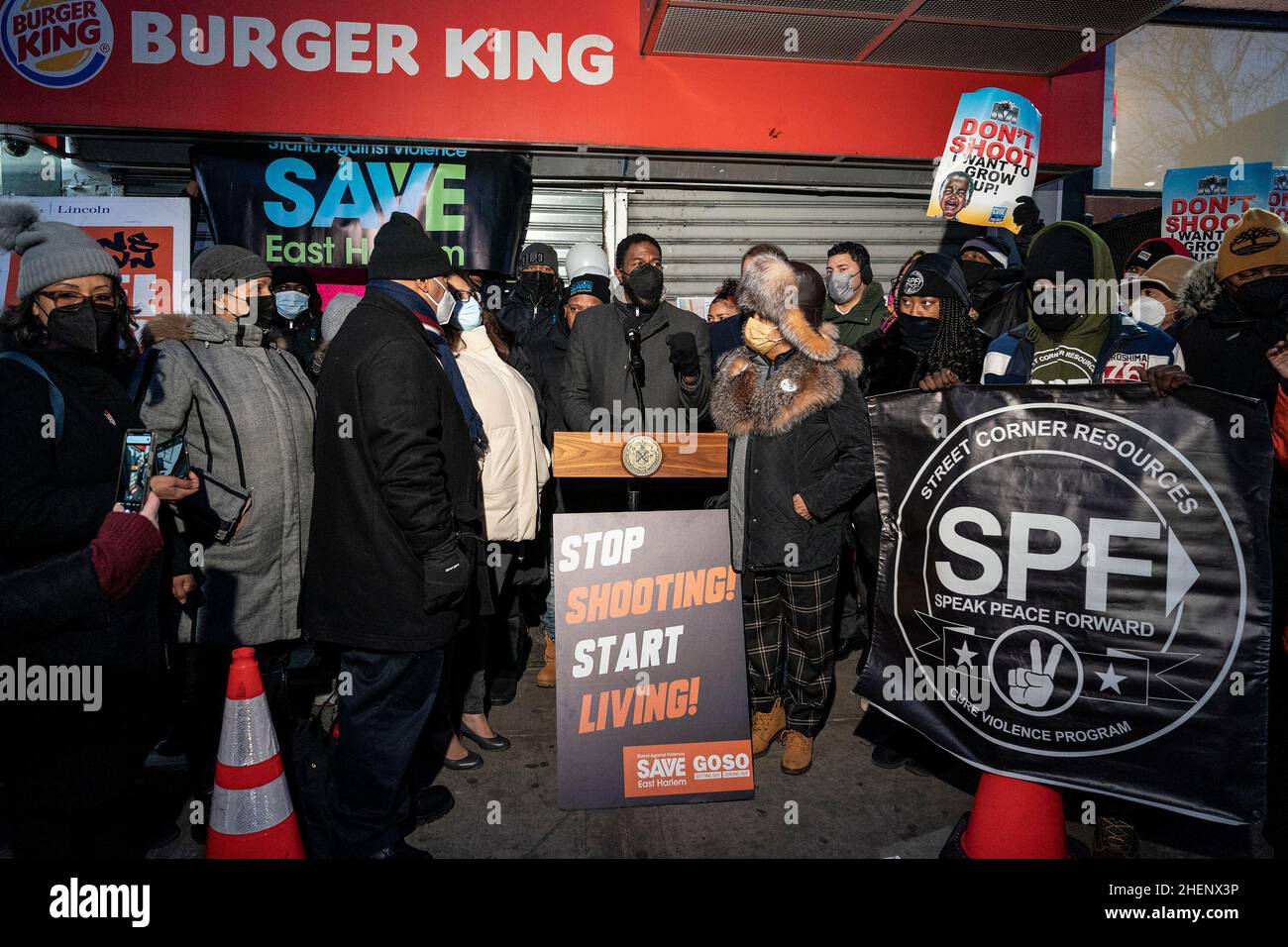 New York, New York, USA. 11th Jan, 2022. Jumaane Williams speaks during rally against gun violence on the site of senseless killing of 19-years old woman during robbery at Burger King in East Harlem. Kristal Bayron-Nieves was shot during a hold-up while working an overnight shift. Activists and elected officials gathered on the site of this tragedy to make sure that their voice is heard and to prevent such a tragedy from happening again. They were joined by Manhattan Borough President Mark Levine, Public Advocate Jumaane Williams. Aslo mayor Eric Adams and Police Commissioner Keech Stock Photo