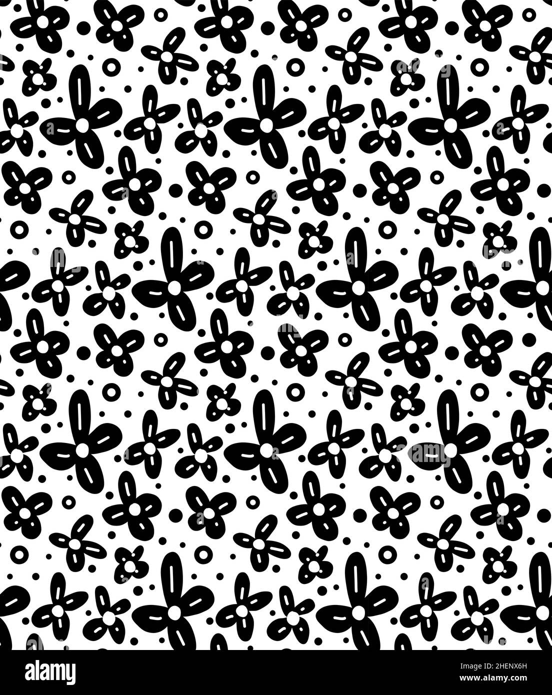 Monochrome seamless floral pattern with black small flowers and dots on ...