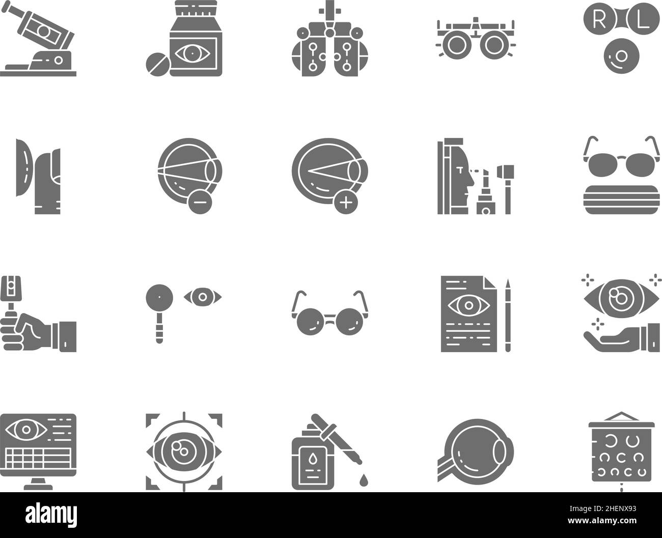 Set of Optometry Grey Icons. Vision Correction Device, Vitamins