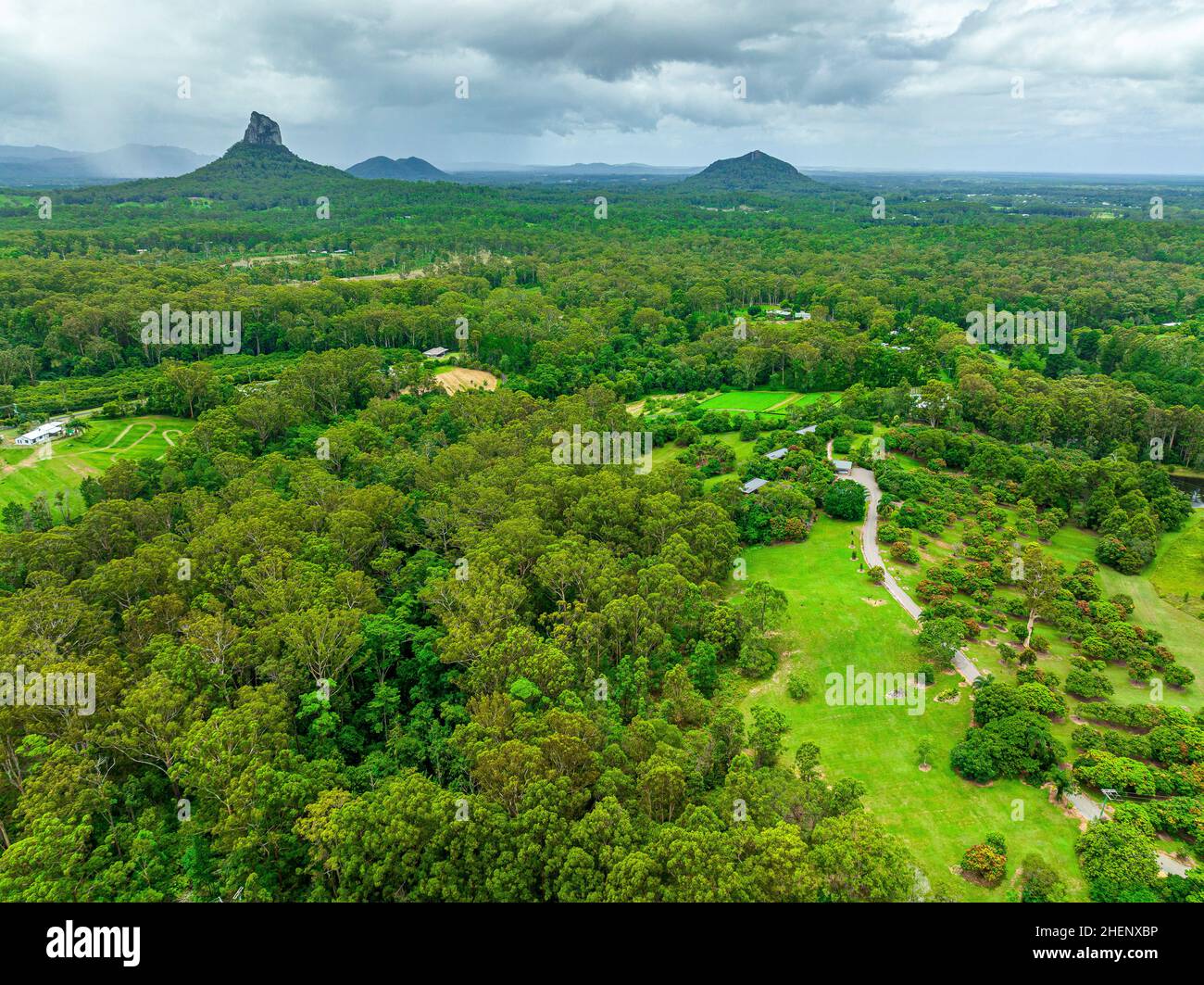 Aerial view of the Glass House Mountains in the Sunshine Coast. Beerwah