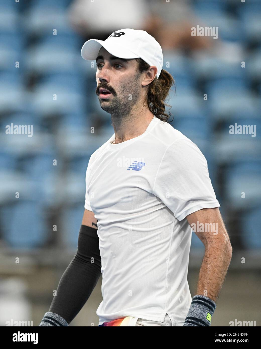 Sydney, Australia; 12th January 2022: Ken Rosewall Arena, Sydney Olympic Park, Sydney, Australia; Sydney Tennis Classic, Day 4: Jordan Thompson of Australia during his match against Reilly Opelka of USA Stock Photo