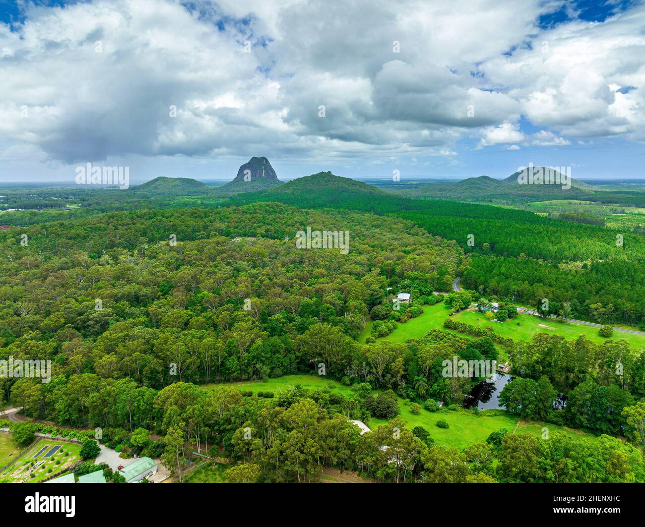 Aerial view of the Glass House Mountains in the Sunshine Coast. Beerwah, Queensland, Australia