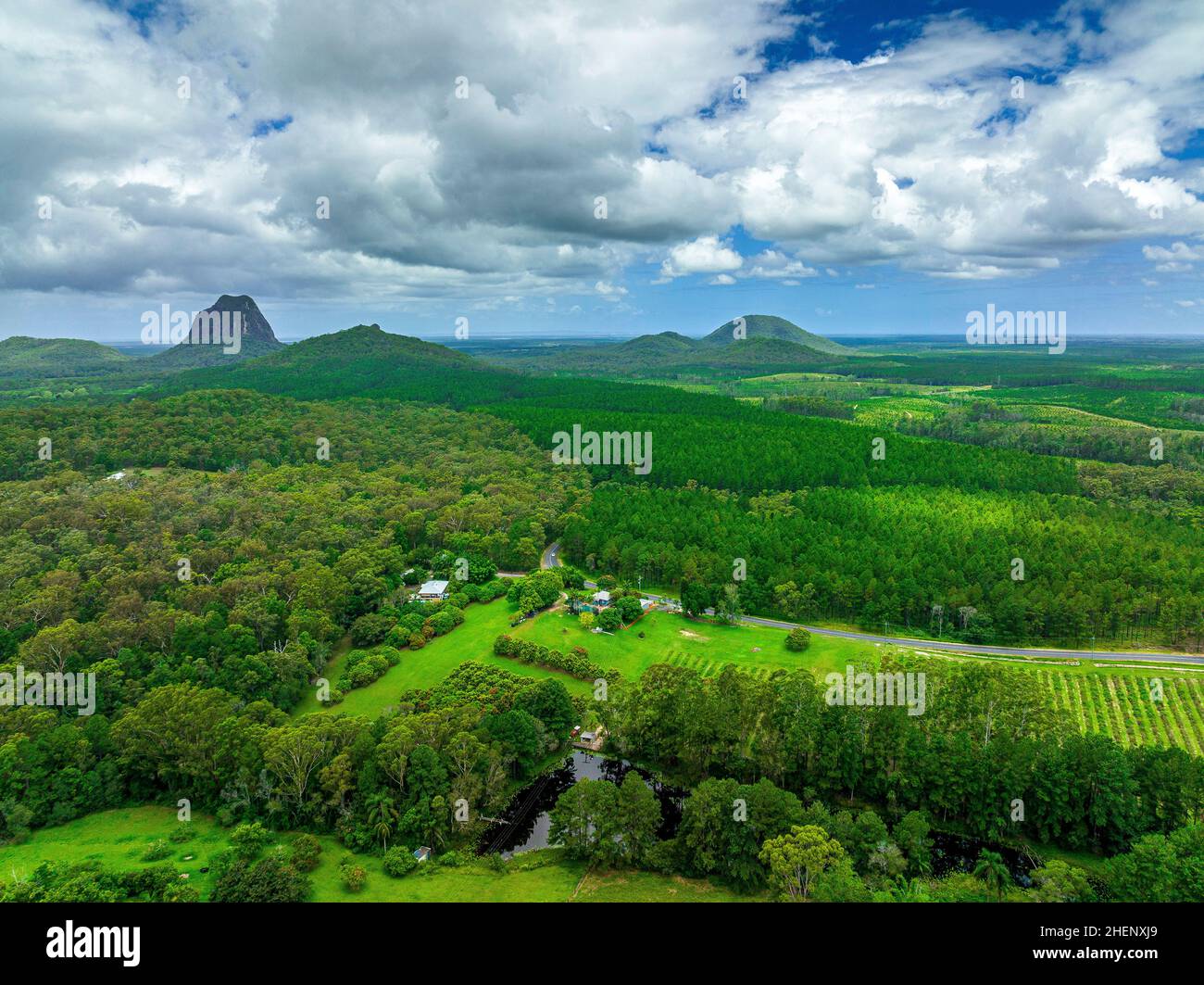 Aerial view of the Glass House Mountains in the Sunshine Coast. Beerwah