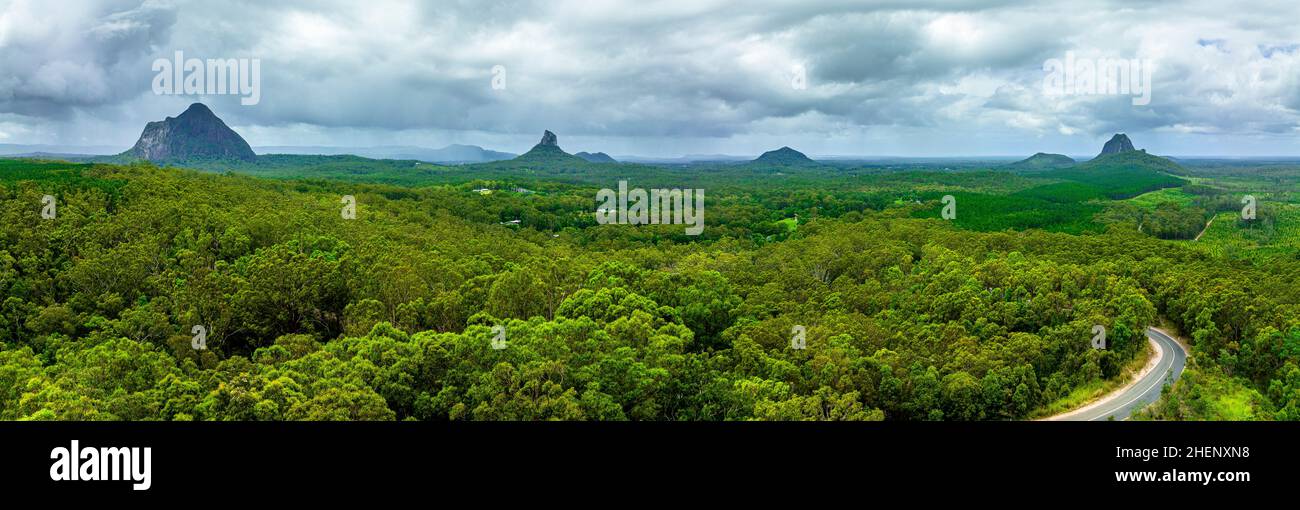 Aerial view of the Glass House Mountains in the Sunshine Coast. Large