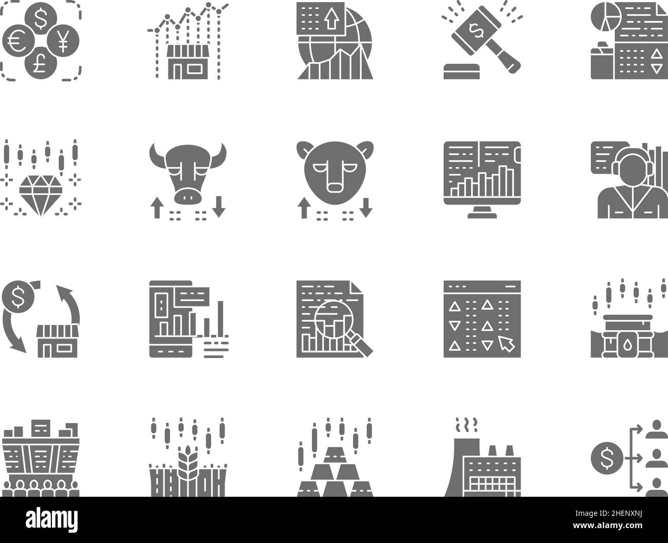 Set of Stock Market Grey Icons. Foreign Money, Index Fund Growth Chart ...