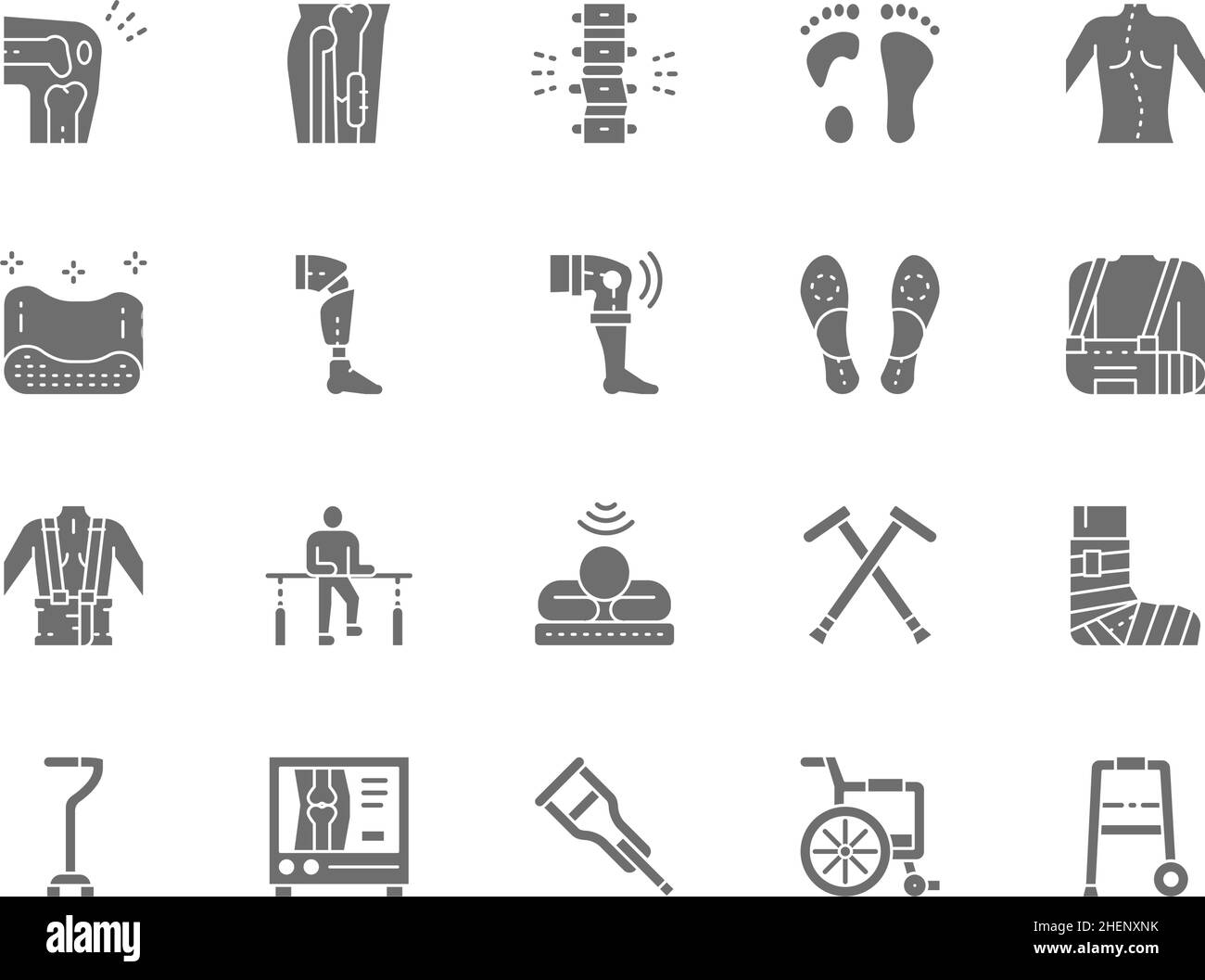 Set of Medical Rehabilitation and Orthopedic Grey Icons. Backbone Pain,  Flat Foot, Scoliosis, Prosthesis, Bandage, Physiotherapy, Mri Scanner,  Crutche Stock Vector Image & Art - Alamy