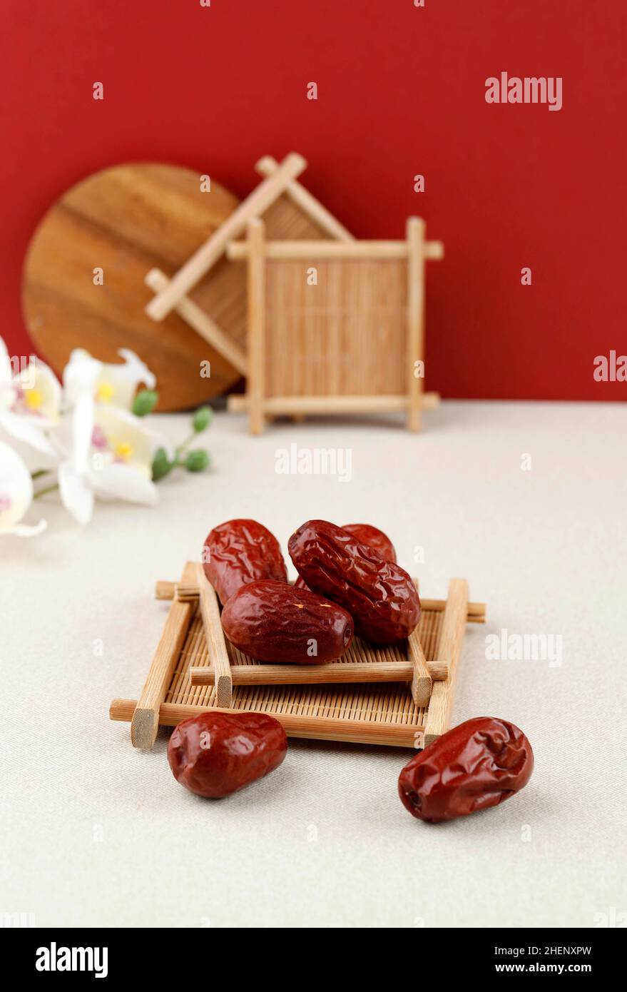 Dried Red Dates or Unabi Fruit Jujube, Chinese Ingredients Food Stock Photo