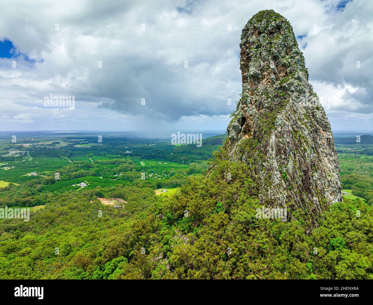 Aerial close up view of Mount Coonowrin in the Glass House Mountains. Sunshine Coast, Queensland