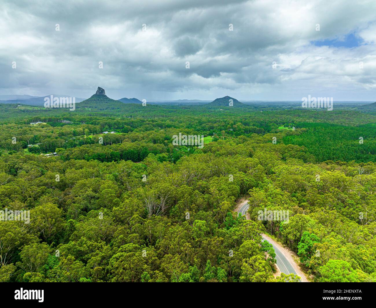 Aerial view of the Glass House Mountains in the Sunshine Coast. Beerwah