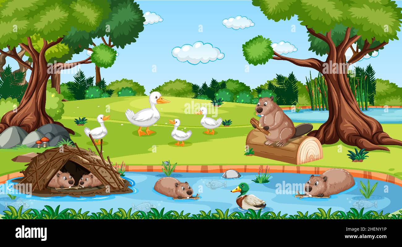 River in the forest scene with wild animals illustration Stock Vector Image  & Art - Alamy