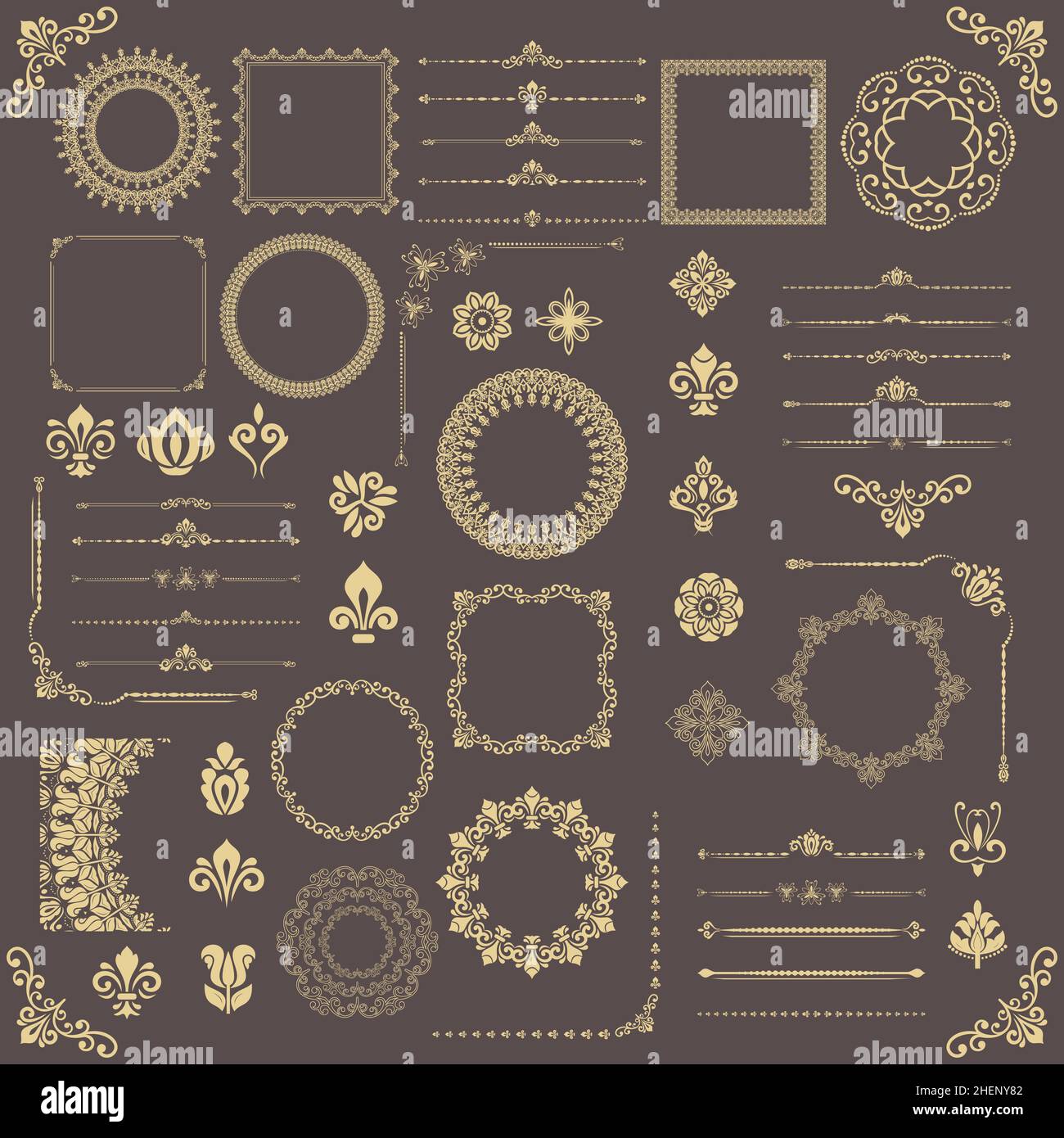 Vintage set of vector horizontal, square and round elements. Golden ...