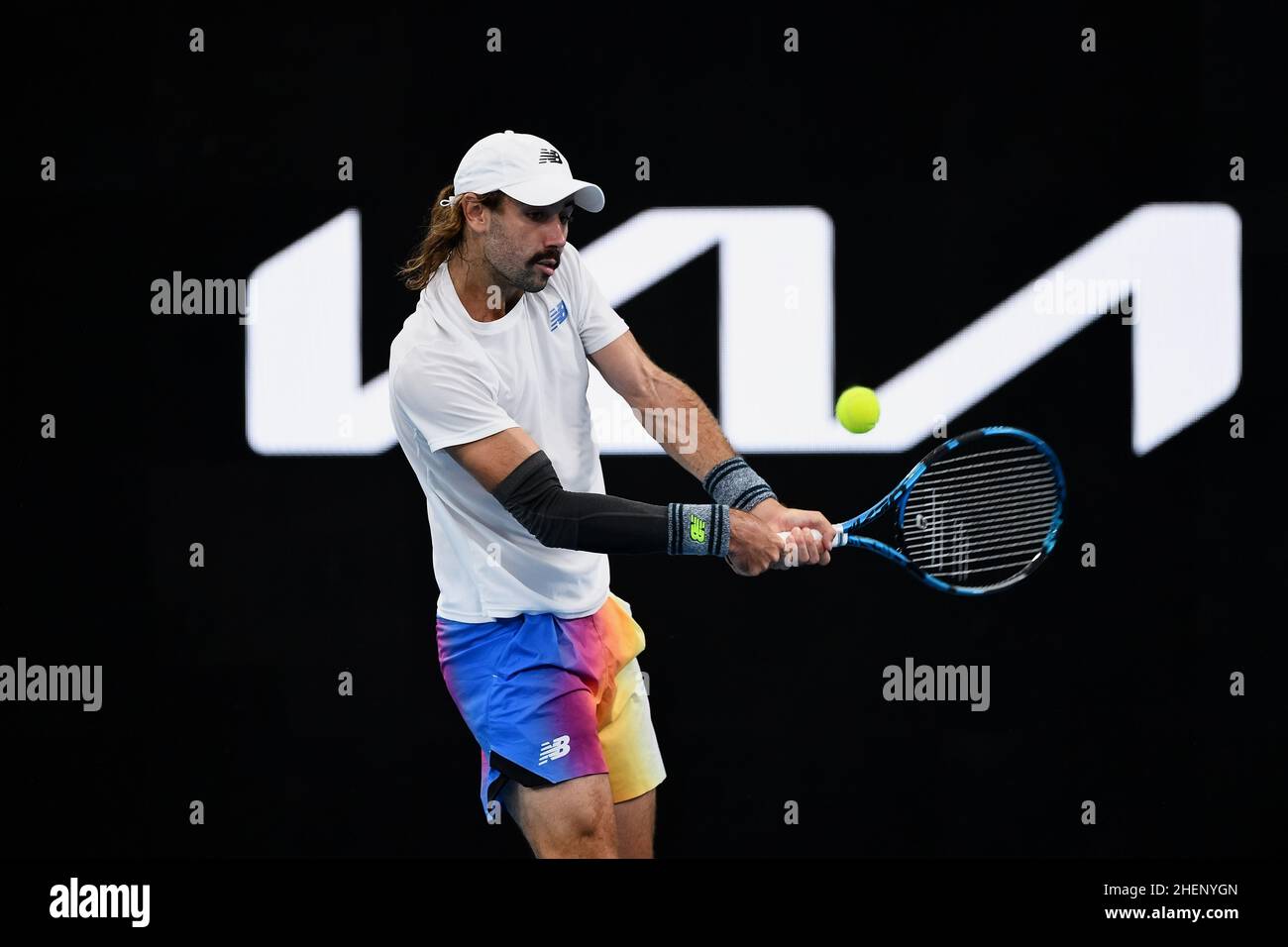 Sydney, Australia, 12 January, 2022. Jordan Thompson of Australia plays a backhand during the Sydney Classic Tennis match between Jordan Thompson of Australia and Reilly Opelka of USA at Ken Rosewall Arena on January 12, 2022 in Sydney, Australia. Credit: Steven Markham/Speed Media/Alamy Live News Stock Photo