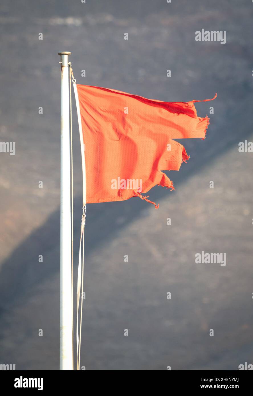 Red flag warning on beach in Spain (Lanzarote Stock Photo Alamy