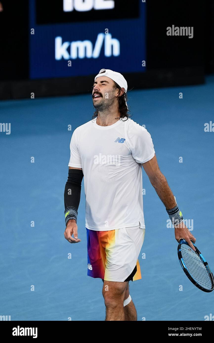 Sydney, Australia, 12 January, 2022. Jordan Thompson of Australia emotional during the Sydney Classic Tennis match between Jordan Thompson of Australia and Reilly Opelka of USA at Ken Rosewall Arena on January 12, 2022 in Sydney, Australia. Credit: Steven Markham/Speed Media/Alamy Live News Stock Photo