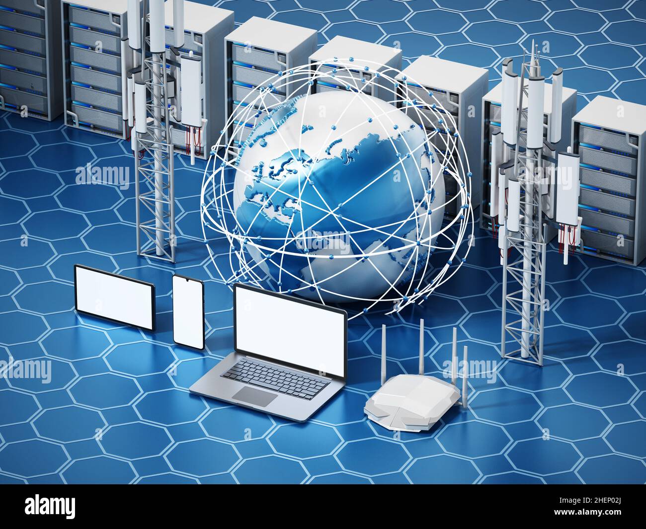 Global network. Smart devices, globe, base station, network server and