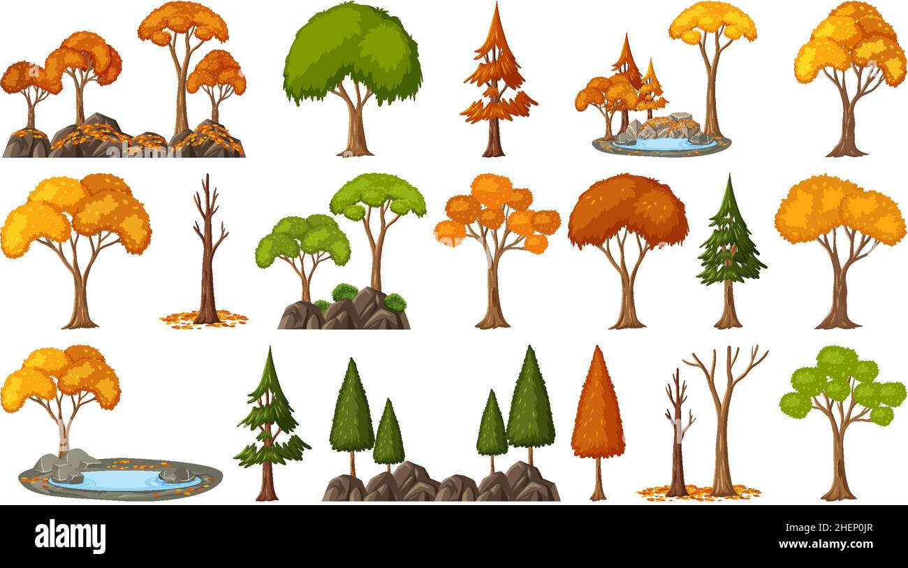Set different trees sketch style black Royalty Free Vector