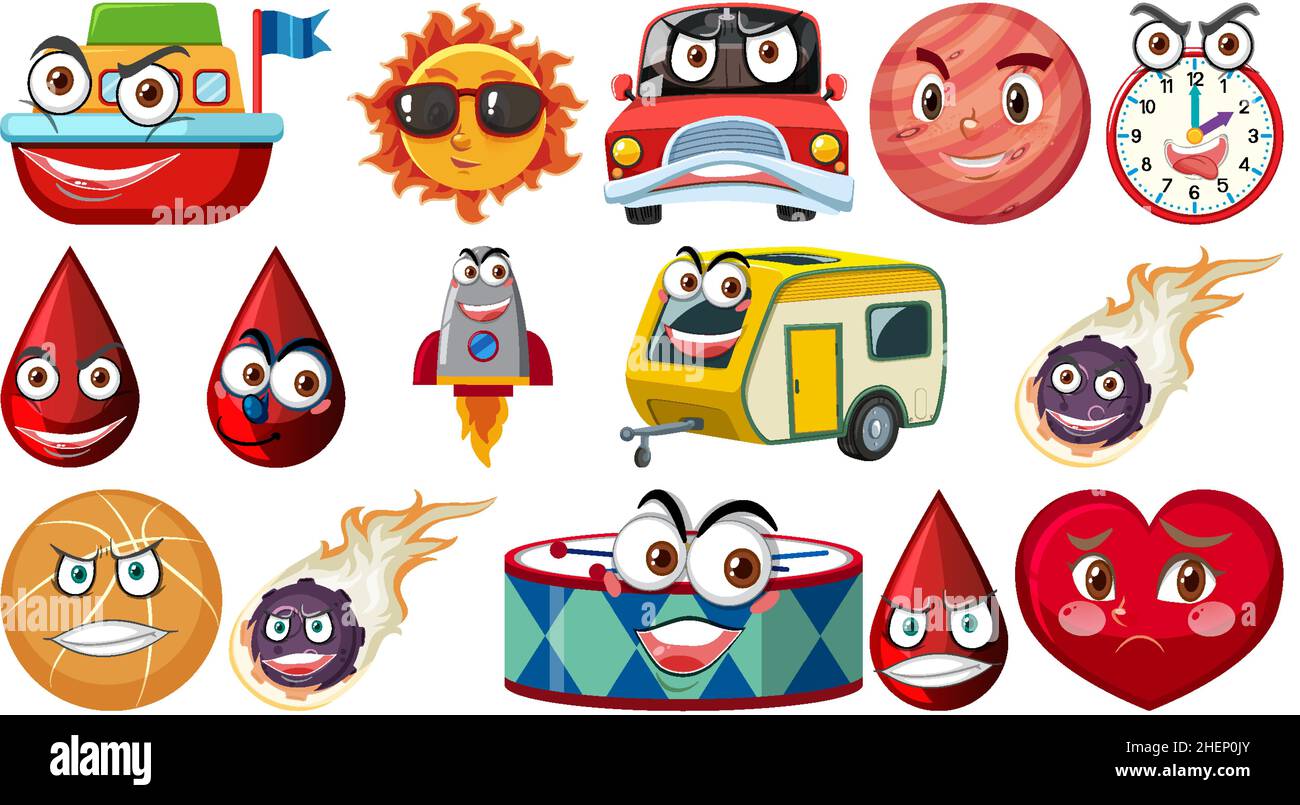 Set of different toy objects with smiley faces illustration Stock Vector