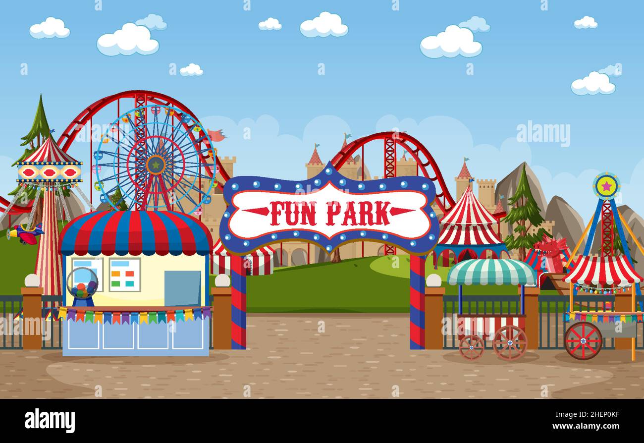 Amusement park scene with ferris wheel illustration Stock Vector Image ...