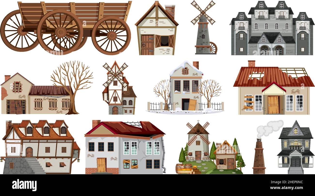 Set of abandoned houses and buildings illustration Stock Vector Image ...