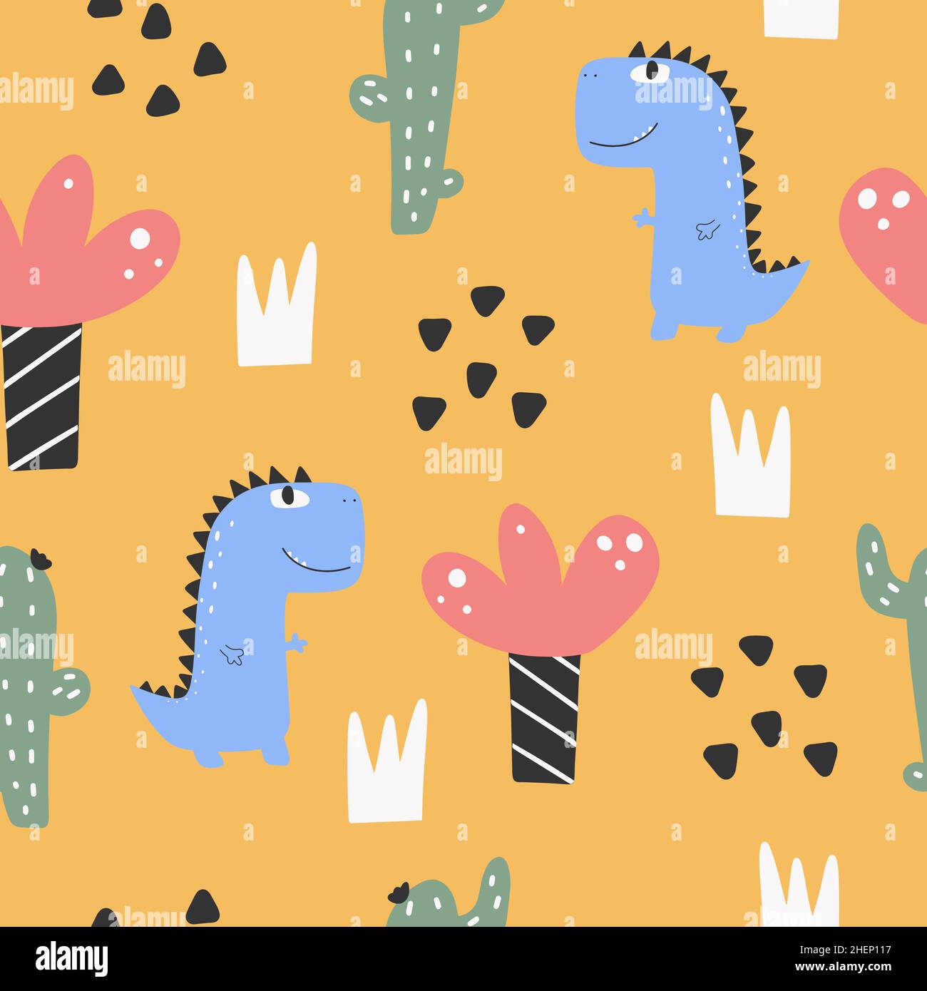 Cute dinosaur pattern - hand drawn childish dinosaur seamless pattern design Stock Vector