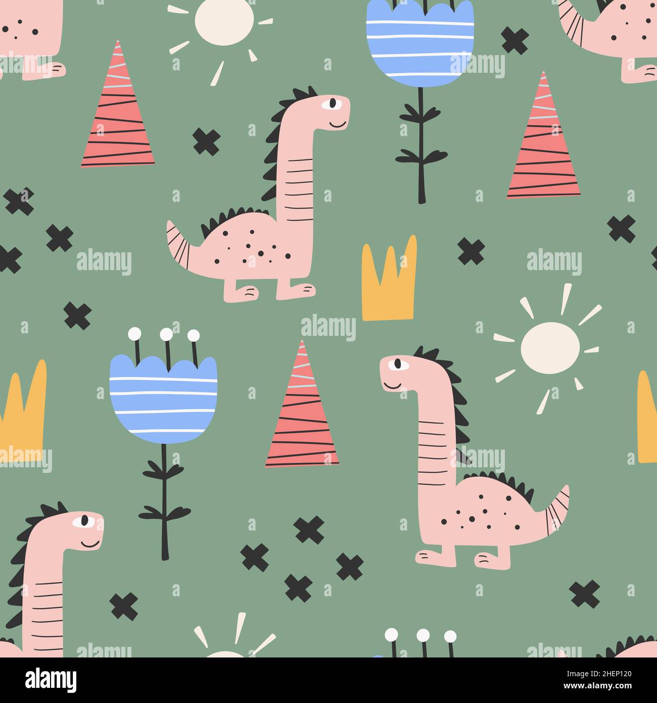 Cute dinosaur pattern - hand drawn childish dinosaur seamless pattern ...