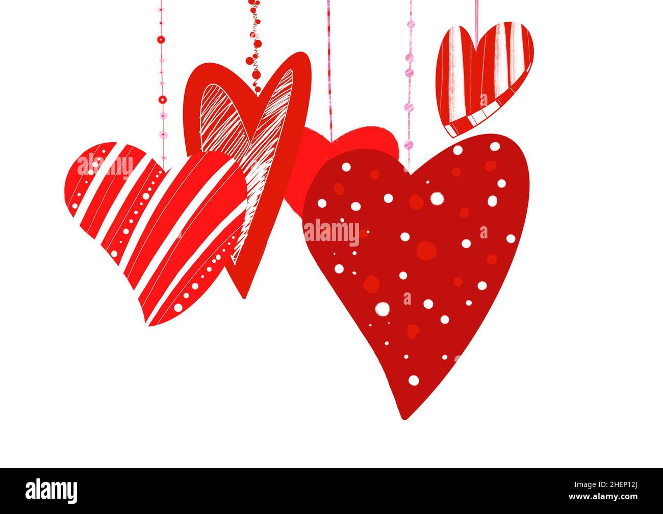 Illustration of hearts hanging on ropes isolated on white background Stock Photo