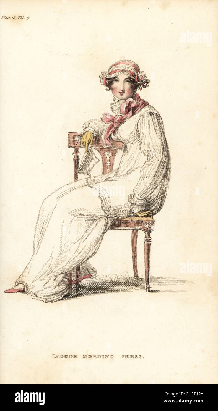Regency woman seated on a chair reading a letter in in-door morning dress. Petticoat and tunic of jaconot muslin, Spanish night-cap, pink silk handkerchief tied at the throat. Plate 18, Vol. 7,  1, 1812. Handcoloured copperplate engraving by William Hopwood from Rudolph Ackermann's Repository of Arts, London. Stock Photo