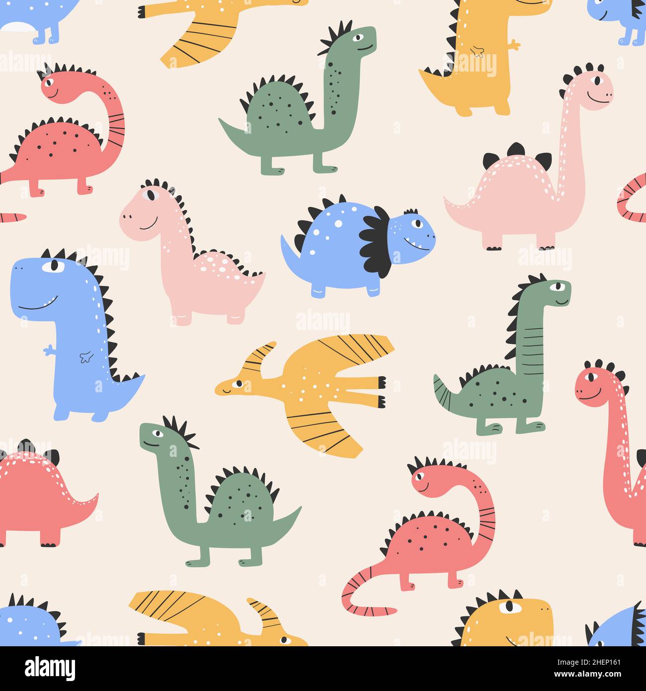 Cute dinosaur pattern - hand drawn childish dinosaur seamless pattern ...
