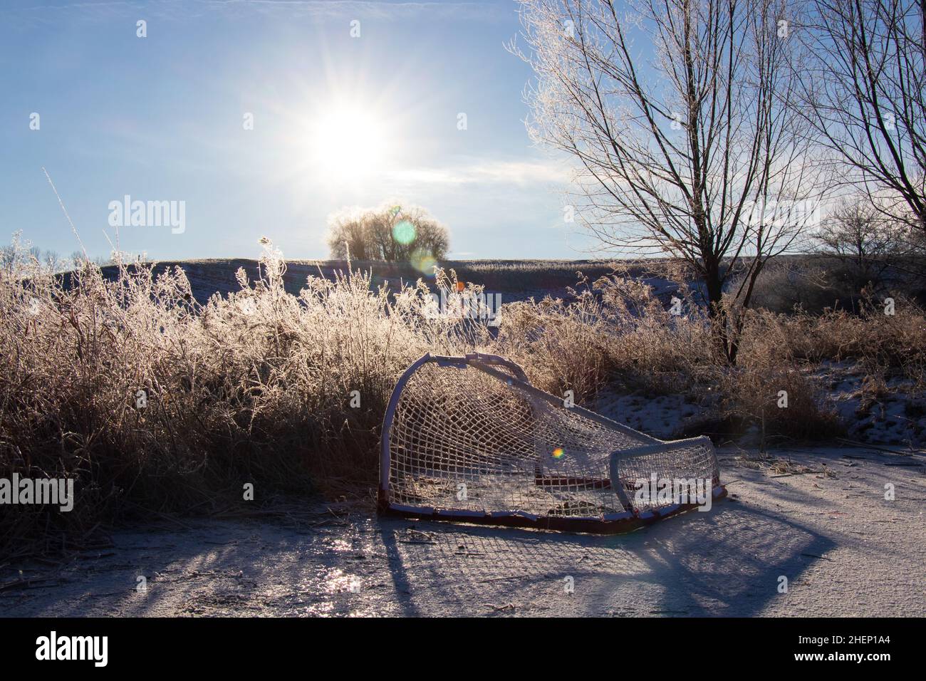 A hockey net is laid rested on a frozen pond as the morning sun shines down on a frozen landscape. Stock Photo