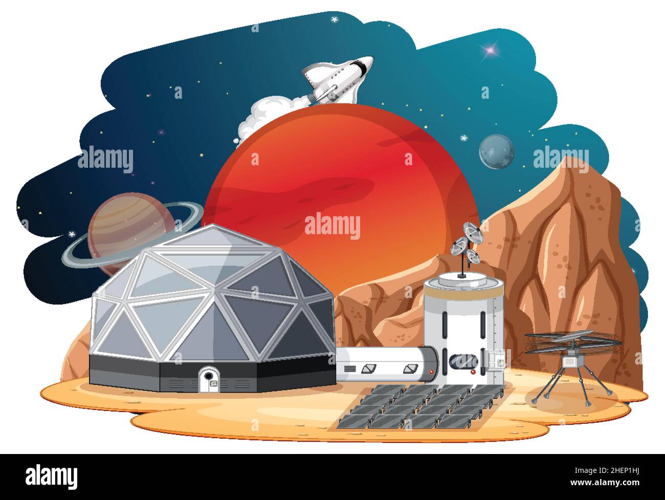 Isolated landscape of planet surface with colony buildings illustration ...