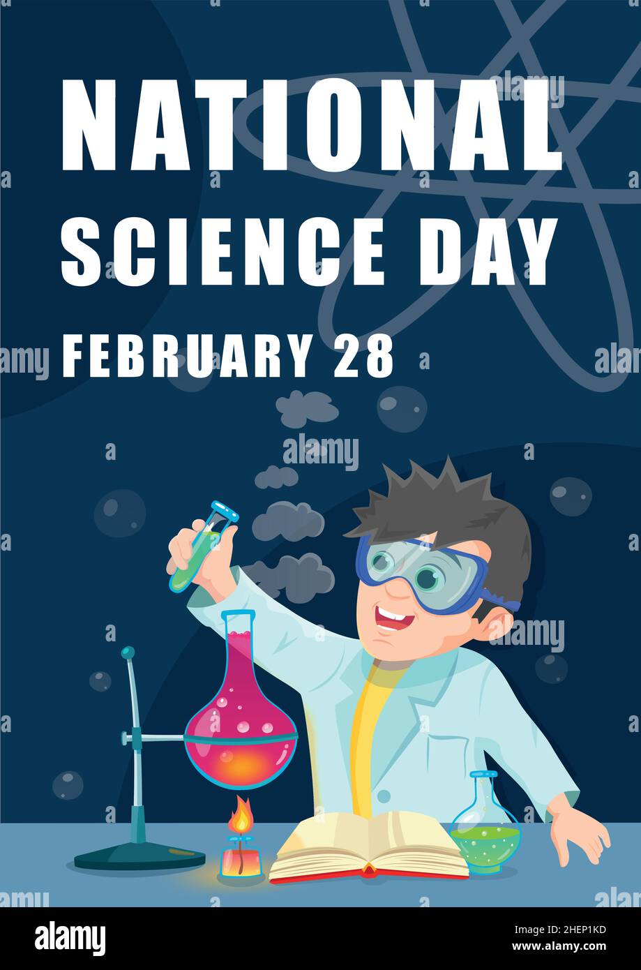 vector illustration science day poster. Young scientists doing research