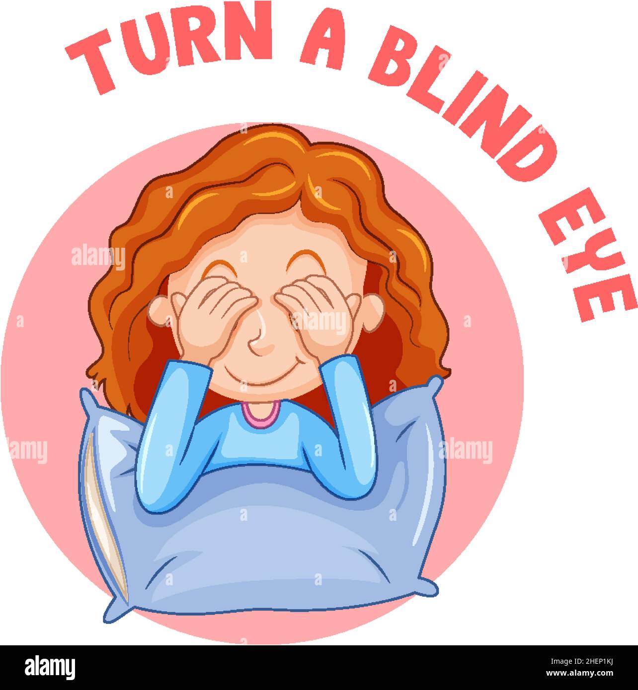 English idiom with picture description for turn a blind eye illustration Stock Vector