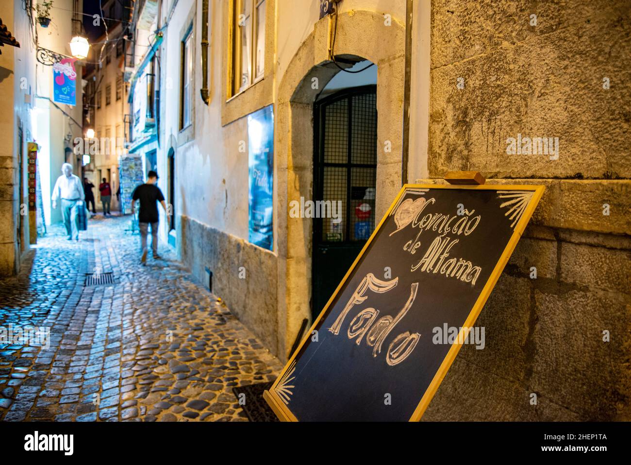 a traditional Fado Music Restaurant in a street and alley in Alfama in the City of Lisbon in Portugal.  Portugal, Lisbon, October, 2021 Stock Photo
