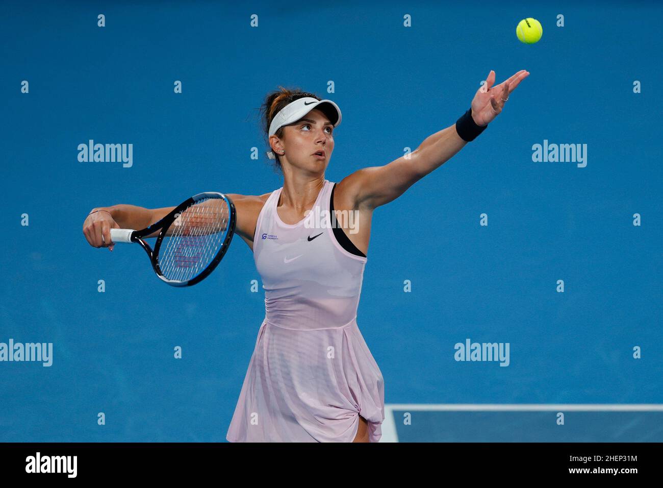 Sydney, Australia. 12th Jan, 2022. Jaqueline Cristian of Romania pserves to against Barbora Krejcikova of Czech Republic Round 2 during the Sydney Tennis Classic 2022 at Sydney Olympic Park Tennis Centre, Sydney, Australia on 12 January 2022. Photo by Peter Dovgan. Editorial use only, license required for commercial use. No use in betting, games or a single club/league/player publications. Credit: UK Sports Pics Ltd/Alamy Live News Stock Photo