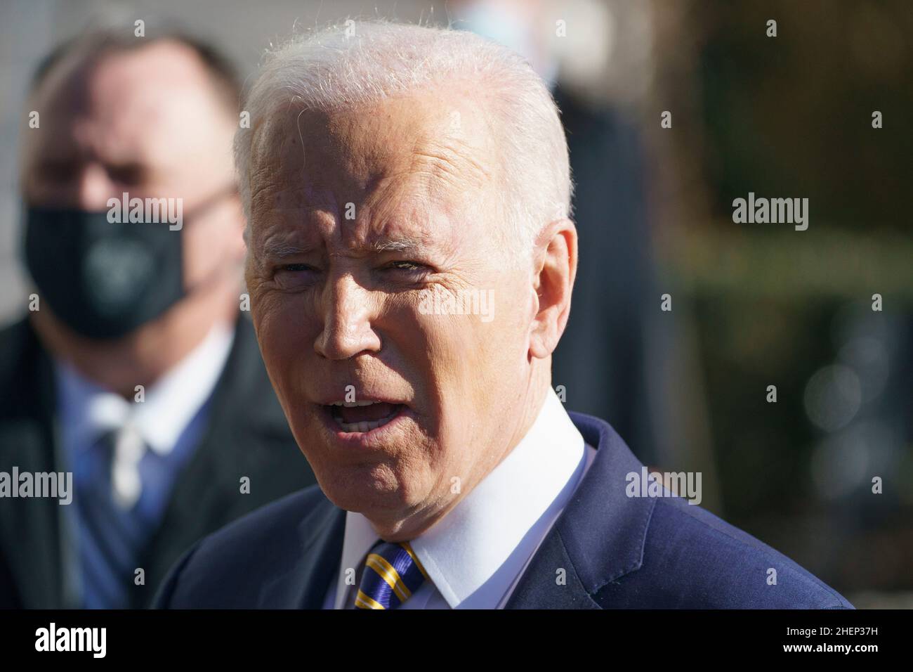 Washington, USA. 12th Jan, 2022. U.S. President Joe Biden speaks to members of the press before departing the White House in Washington, DC, the United States, on Jan. 11, 2022. U.S. President Joe Biden in a speech Tuesday in Atlanta, Georgia, said he supports changing the Senate filibuster rule so as to make it easier for the chamber to pass legislation upholding Americans' right to vote. Credit: Ting Shen/Xinhua/Alamy Live News Stock Photo
