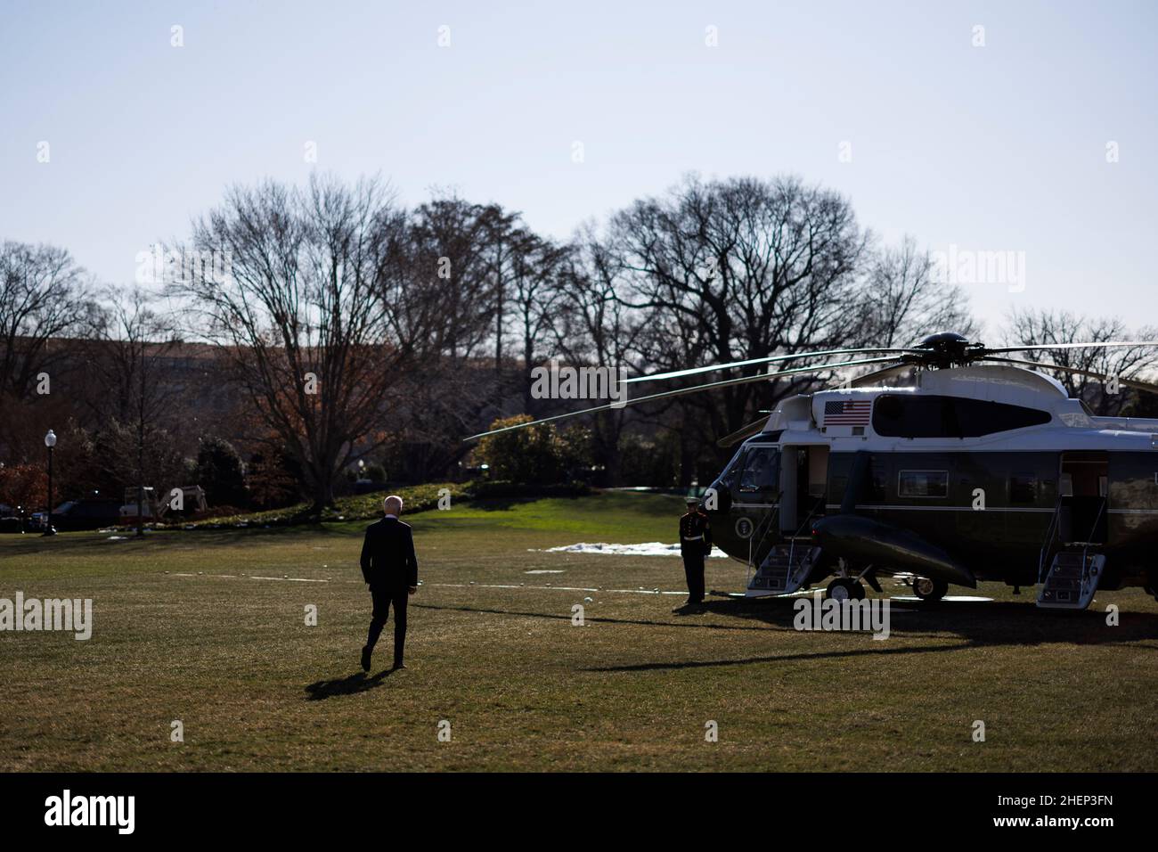 Washington, USA. 12th Jan, 2022. U.S. President Joe Biden walks on the South Lawn of the White House to board Marine One in Washington, DC, the United States, on Jan. 11, 2022. U.S. President Joe Biden in a speech Tuesday in Atlanta, Georgia, said he supports changing the Senate filibuster rule so as to make it easier for the chamber to pass legislation upholding Americans' right to vote. Credit: Ting Shen/Xinhua/Alamy Live News Stock Photo