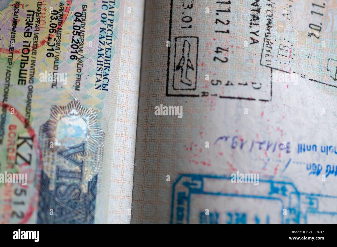 Visa to Kazakhstan in the passport. Stock Photo