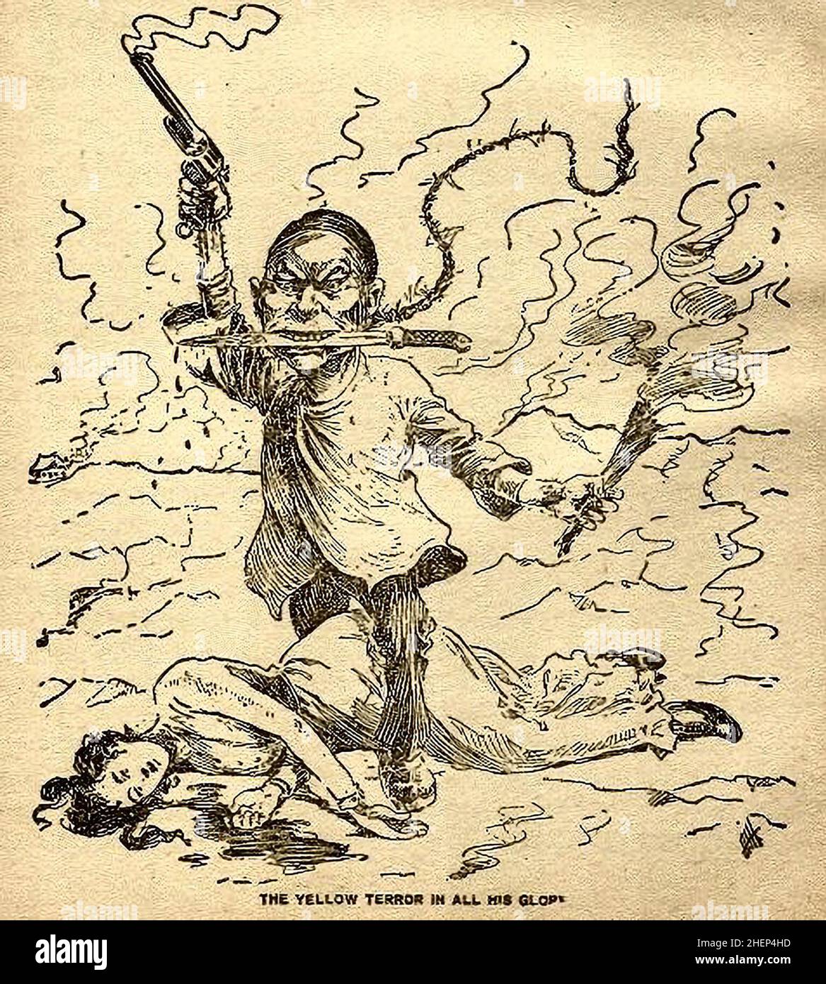 Caricature of  Yellow Peril, 'The Yellow Terror In All His Glory' , 1899, Private Collection. Traditional costume Chinese man trampling down white woman. Stock Photo