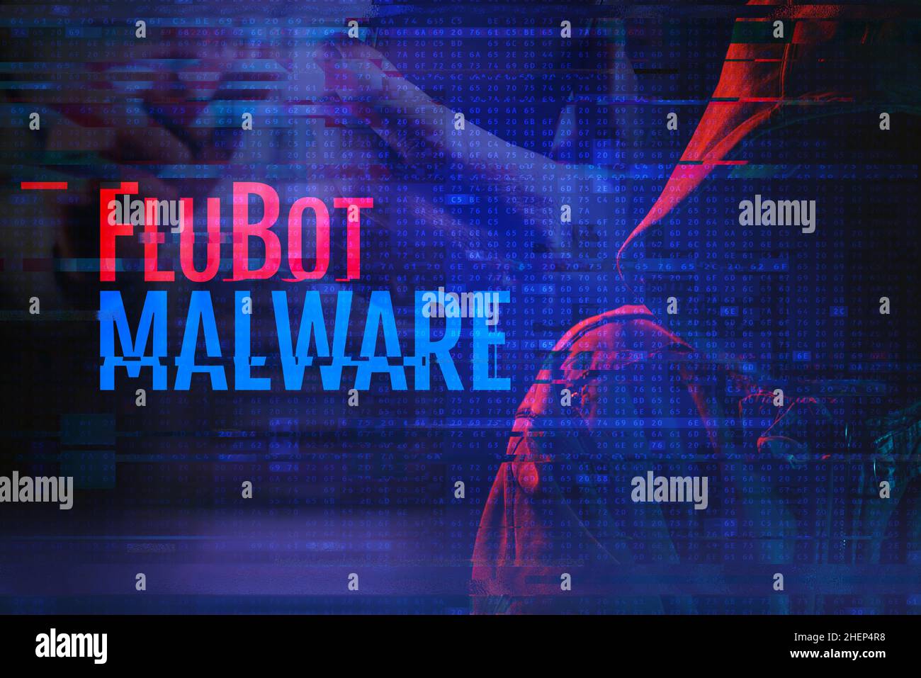 Flubot malware concept with hooded hacker and glitch effect. Flubot is malware distributed on mobile platforms. Stock Photo