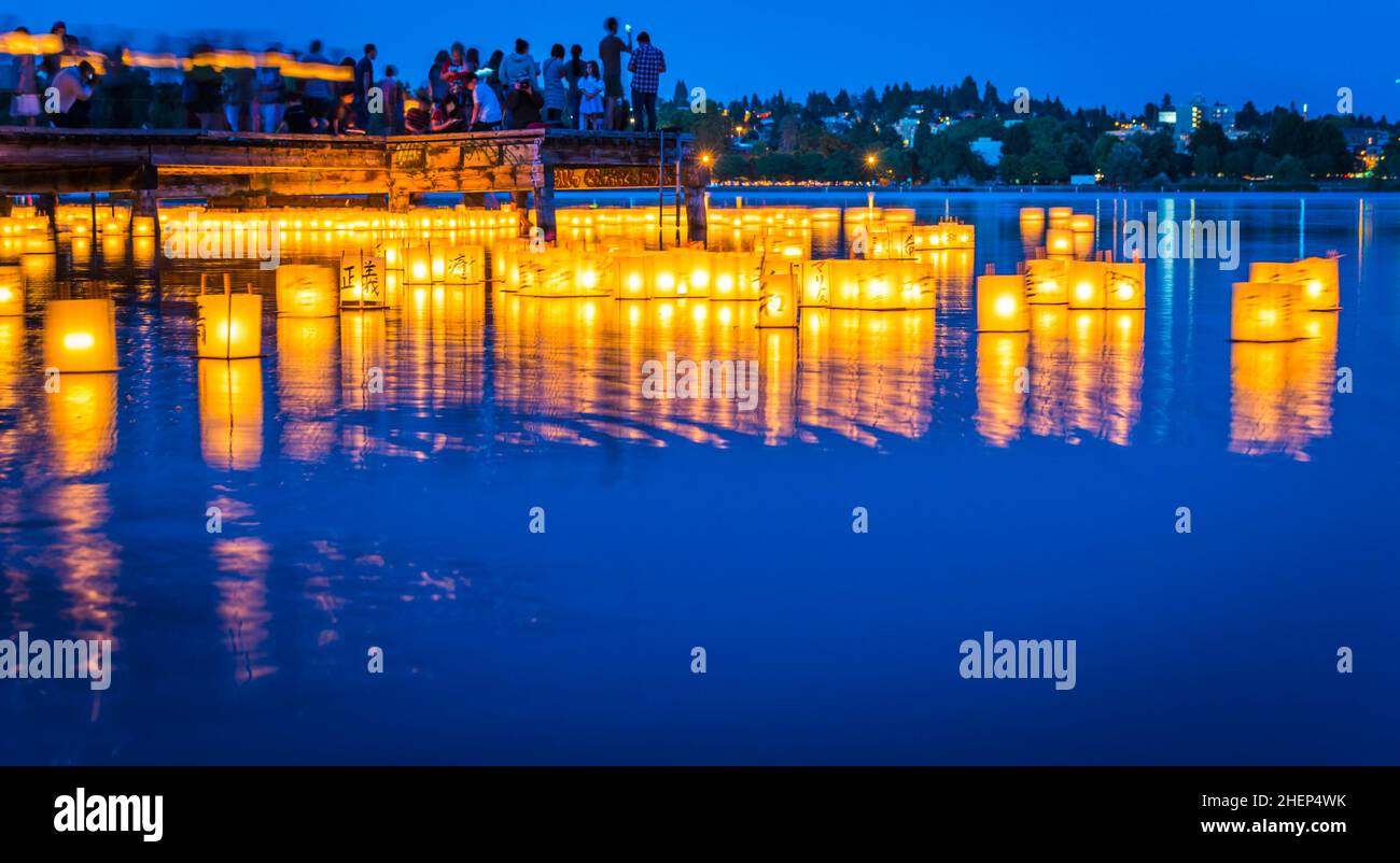 lantern floating on green lake park for memorial of Hiroshima,Wa,usa.. Stock Photo