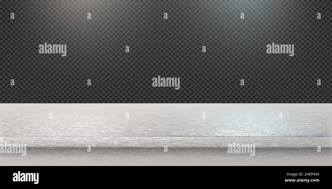 White gold steel countertop, empty shelf. Vector realistic mockup of table top, kitchen counter on transparent background with spot light. Bar desk su Stock Vector