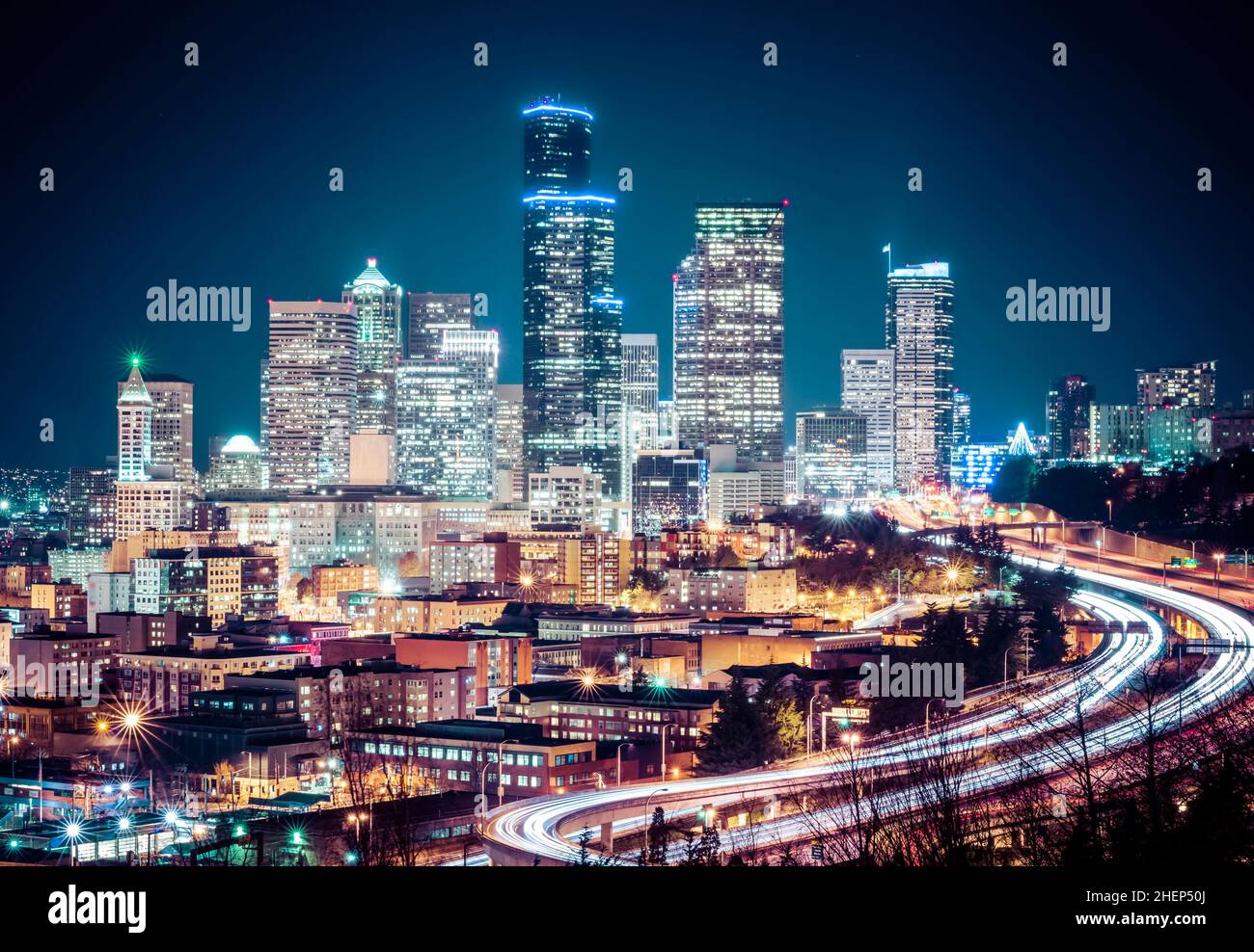 seattle city scape with freeway at night. Stock Photo
