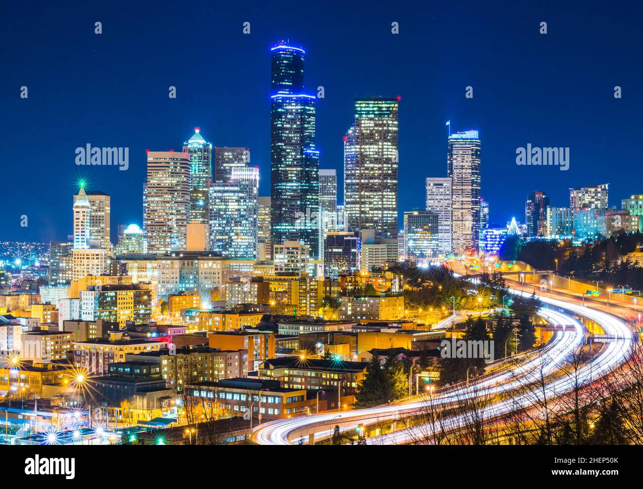 seattle city scape with freeway at night. Stock Photo