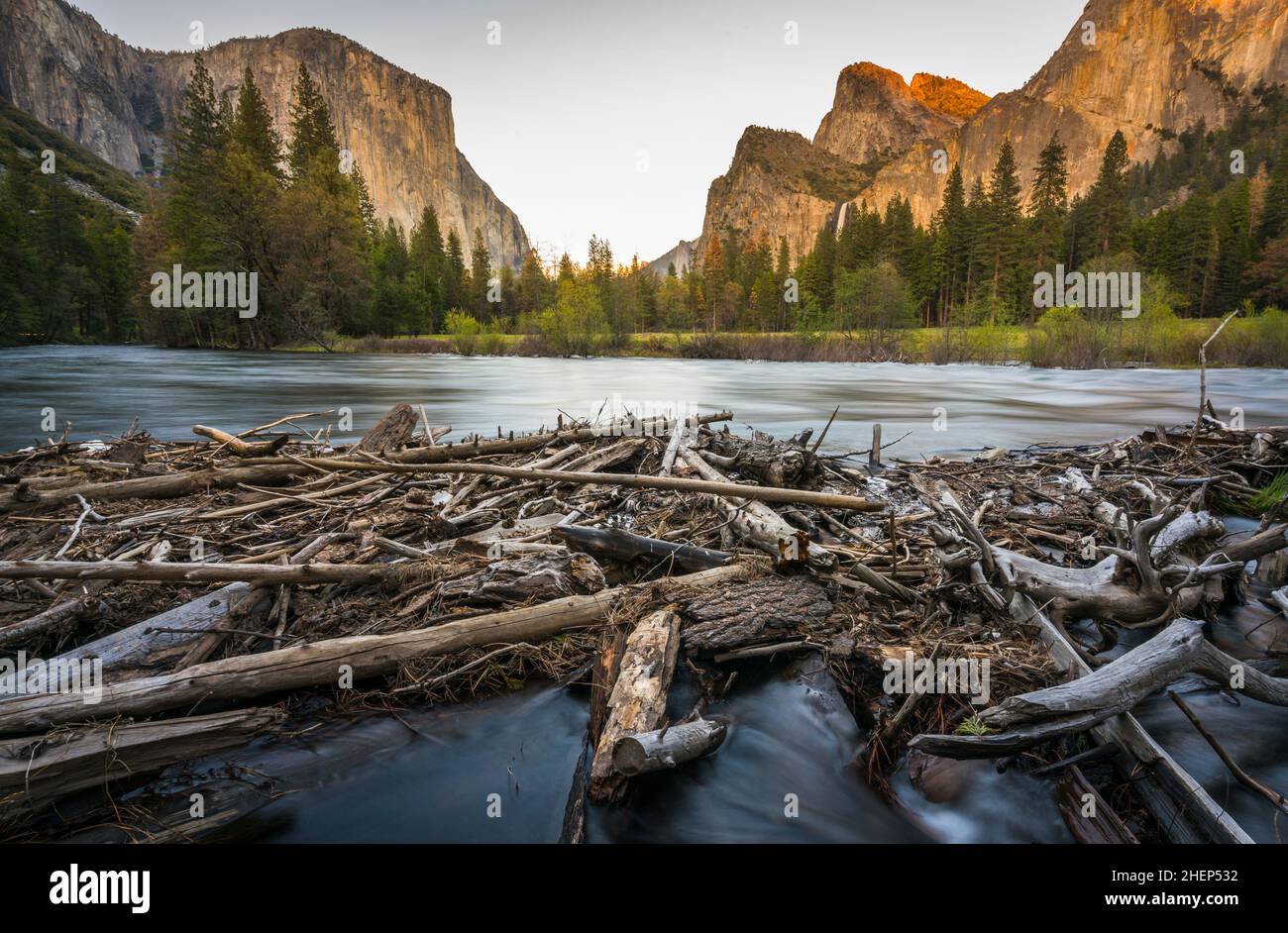 view of El Capital and Cathedral cliff with river foreground,Yosemite National park,California,usa. Stock Photo