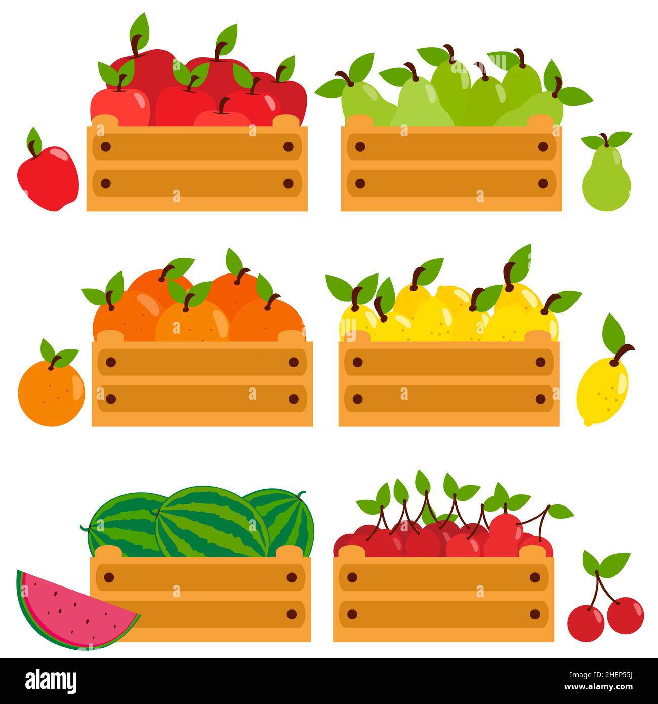 Fruits in wooden crates. Apples, pears, lemons, cherries, oranges and watermelons. Stock Photo