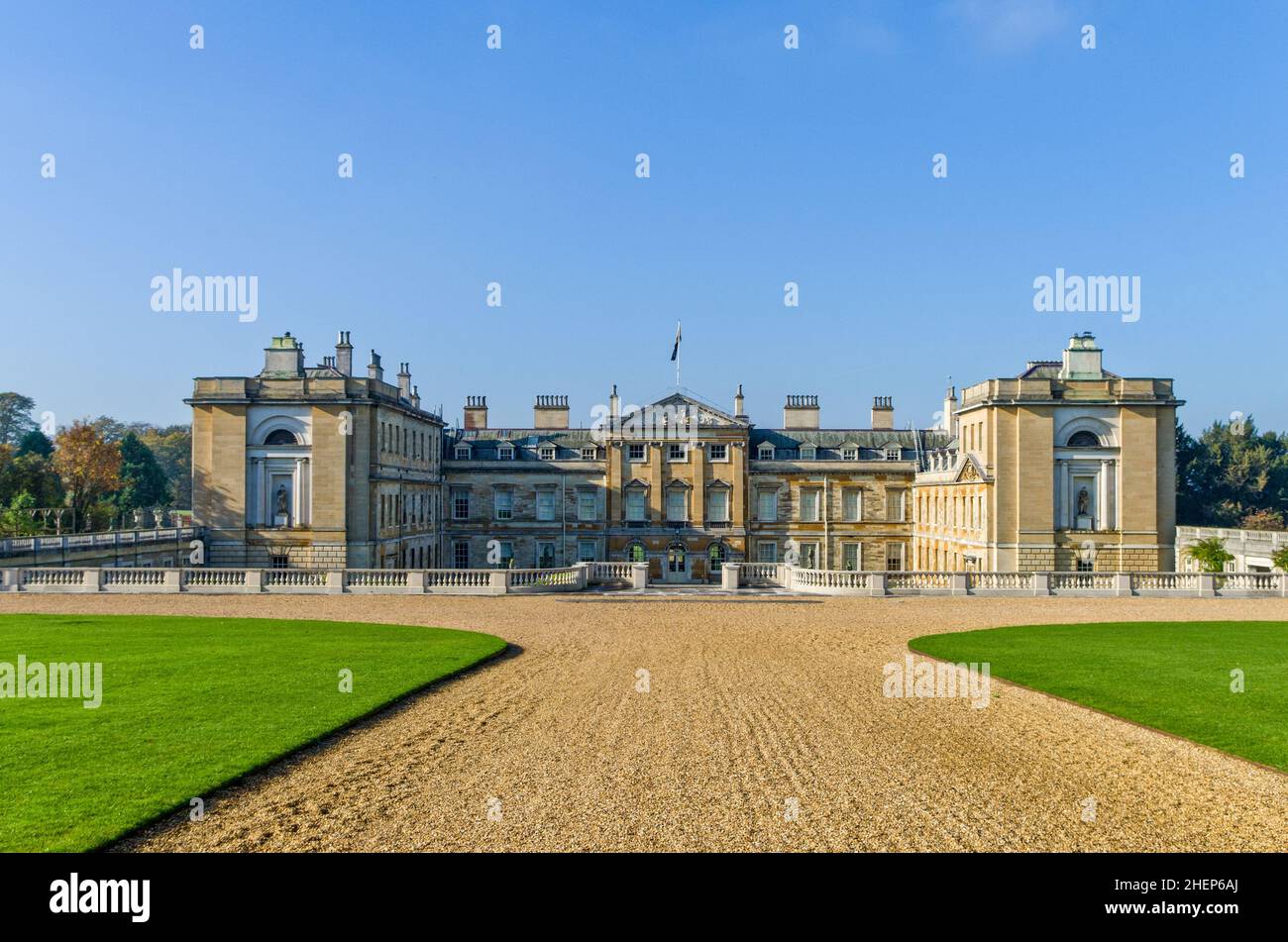 Woburn Abbey, a stately home in Bedforshire, under a blue sky with a