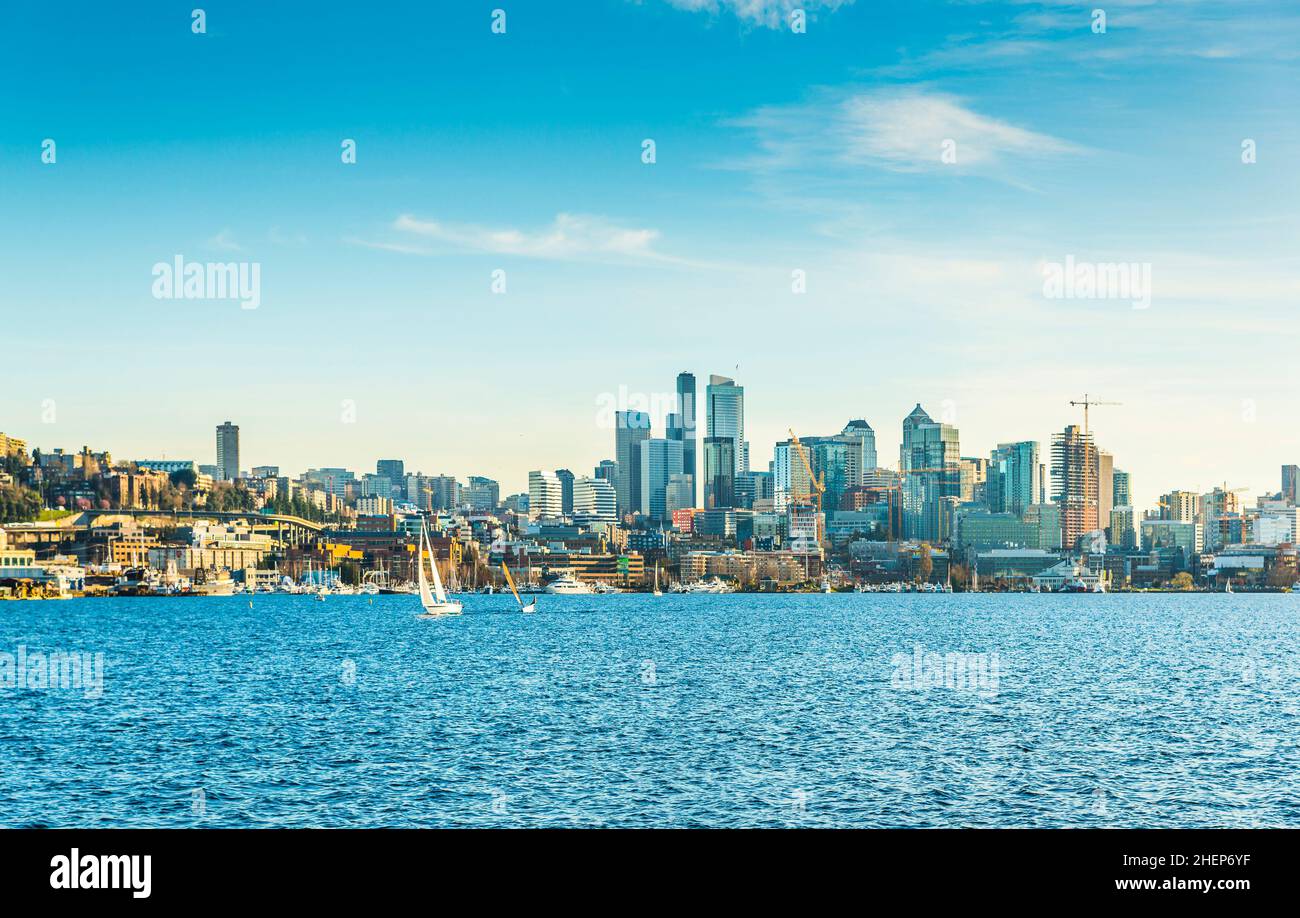 Seattle cityskyline over Lake Union on sunny day,seattle,washington,usa. Stock Photo