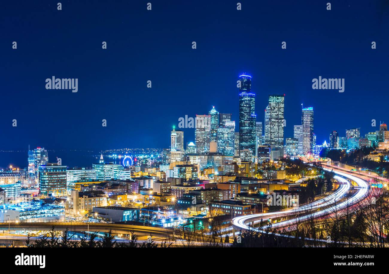 seattle city scape with freeway at night,Washington,usa. Stock Photo